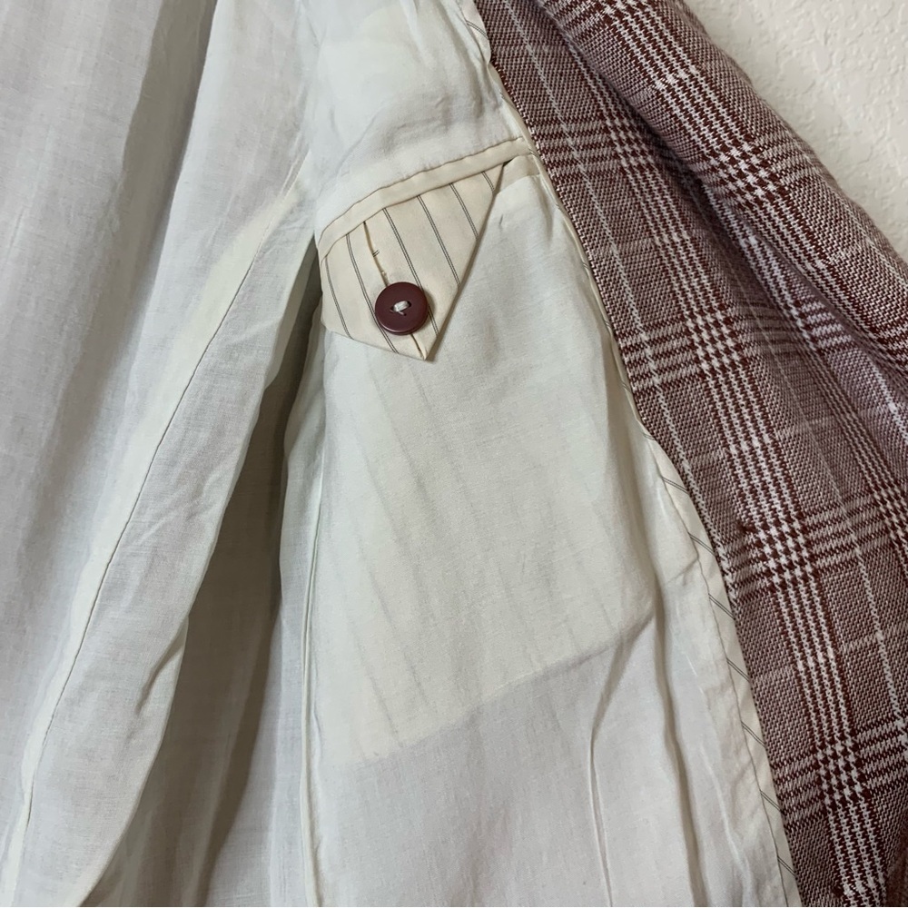 Maeve Anthropologie brown double-breasted linen blend plaid blazer 8 - Picture 7 of 10